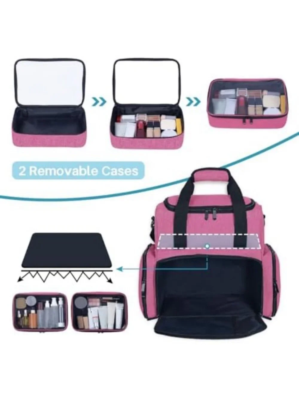 Spacious Red Makeup Bag with 2 Removable Cases - Perfect for Travel